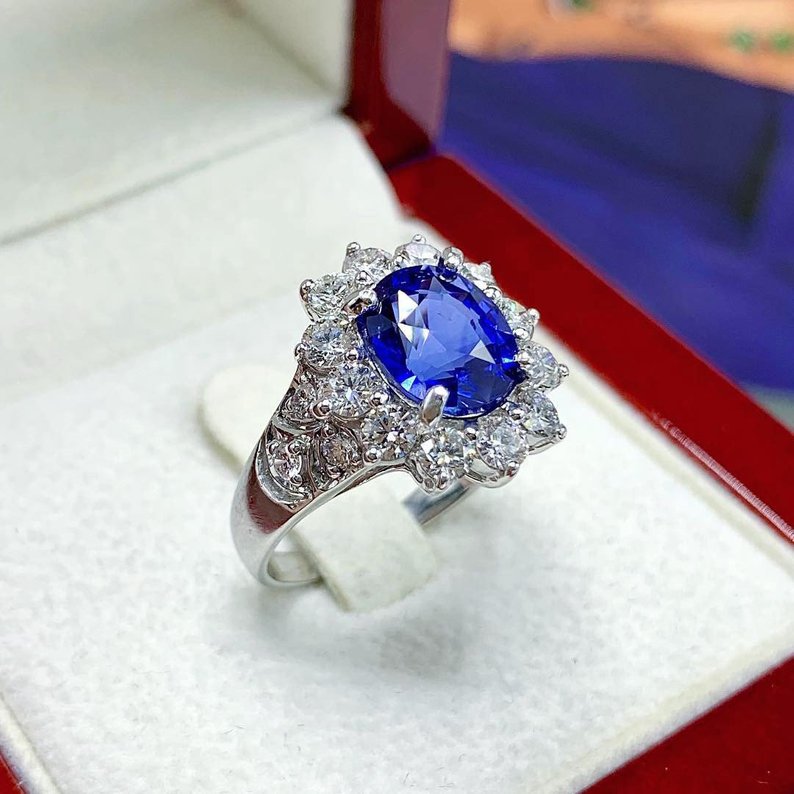 CEYLON! 4.33TCW Blue Sapphire & Diamonds in 18K solid handmade white gold ring