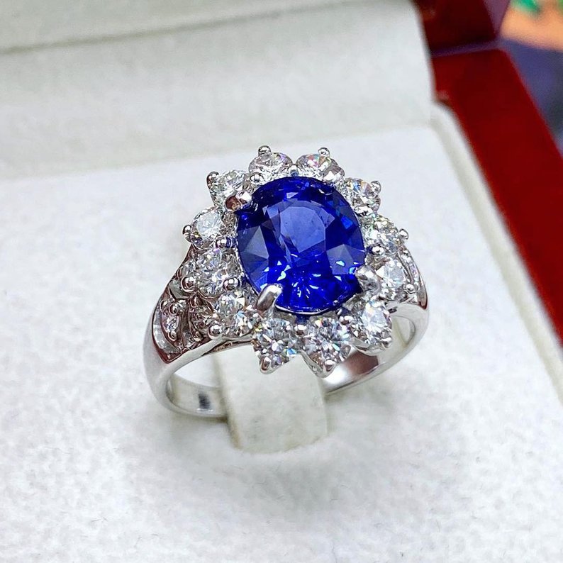 CEYLON! 4.33TCW Blue Sapphire & Diamonds in 18K solid handmade white gold ring