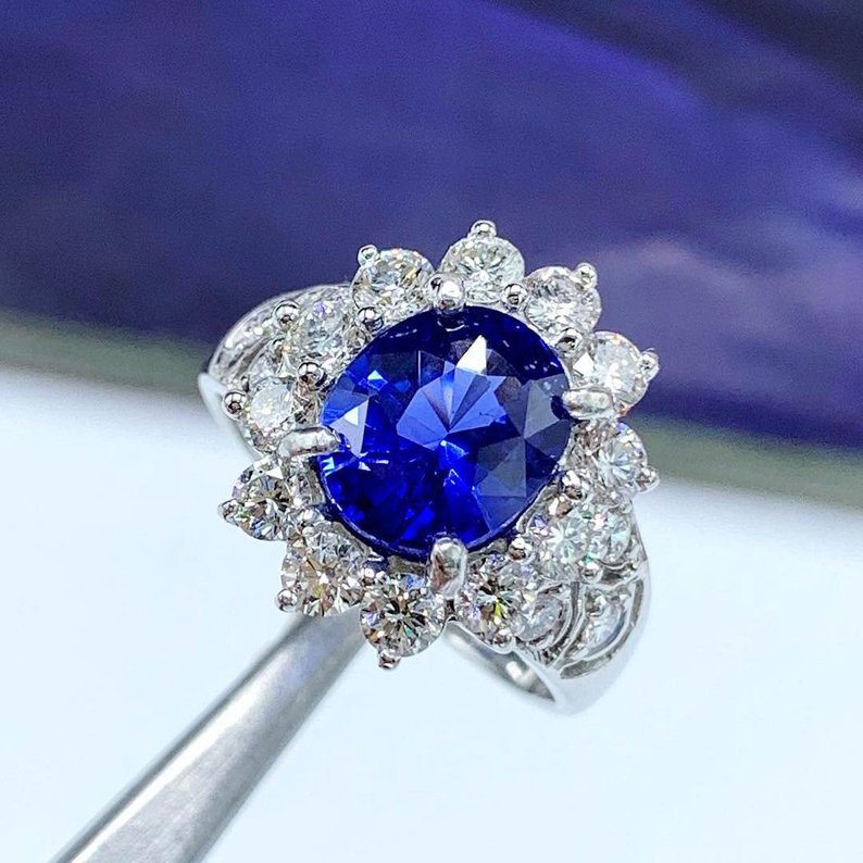 CEYLON! 4.33TCW Blue Sapphire & Diamonds in 18K solid handmade white gold ring