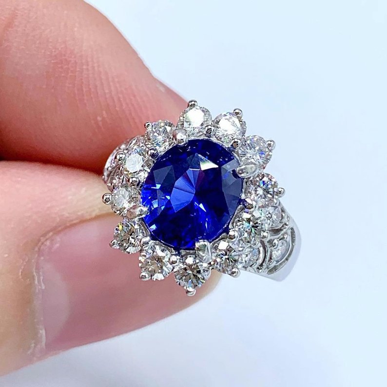 CEYLON! 4.33TCW Blue Sapphire & Diamonds in 18K solid handmade white gold ring