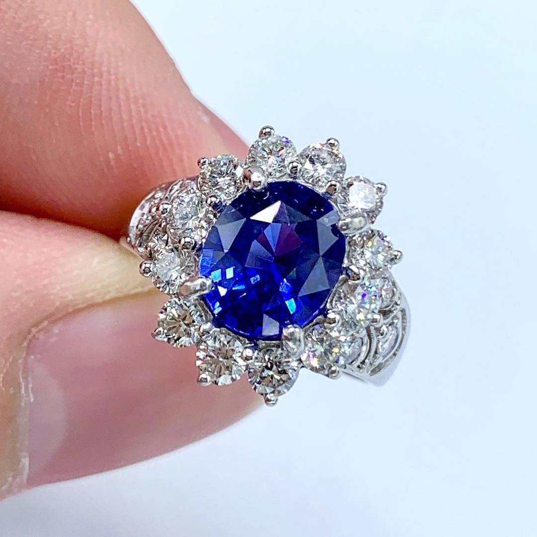 CEYLON! 4.33TCW Blue Sapphire & Diamonds in 18K solid handmade white gold ring