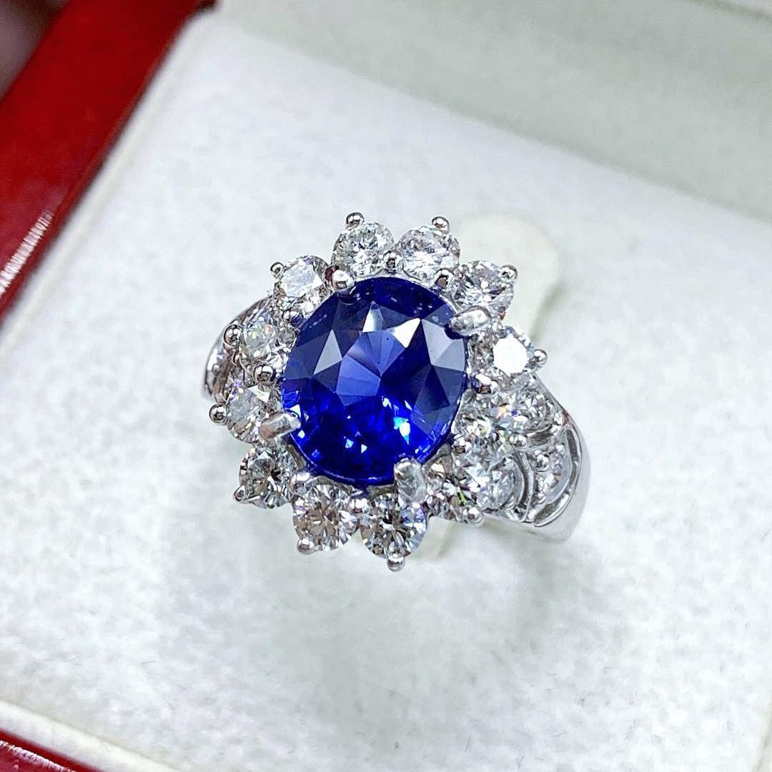 CEYLON! 4.33TCW Blue Sapphire & Diamonds in 18K solid handmade white gold ring