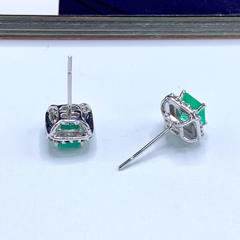 SWEET! 2.46TCW Emerald VS Diamonds in 18K solid white gold earrings studs