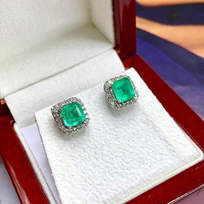 SWEET! 2.46TCW Emerald VS Diamonds in 18K solid white gold earrings studs