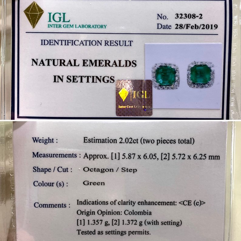 SWEET! 2.46TCW Emerald VS Diamonds in 18K solid white gold earrings studs