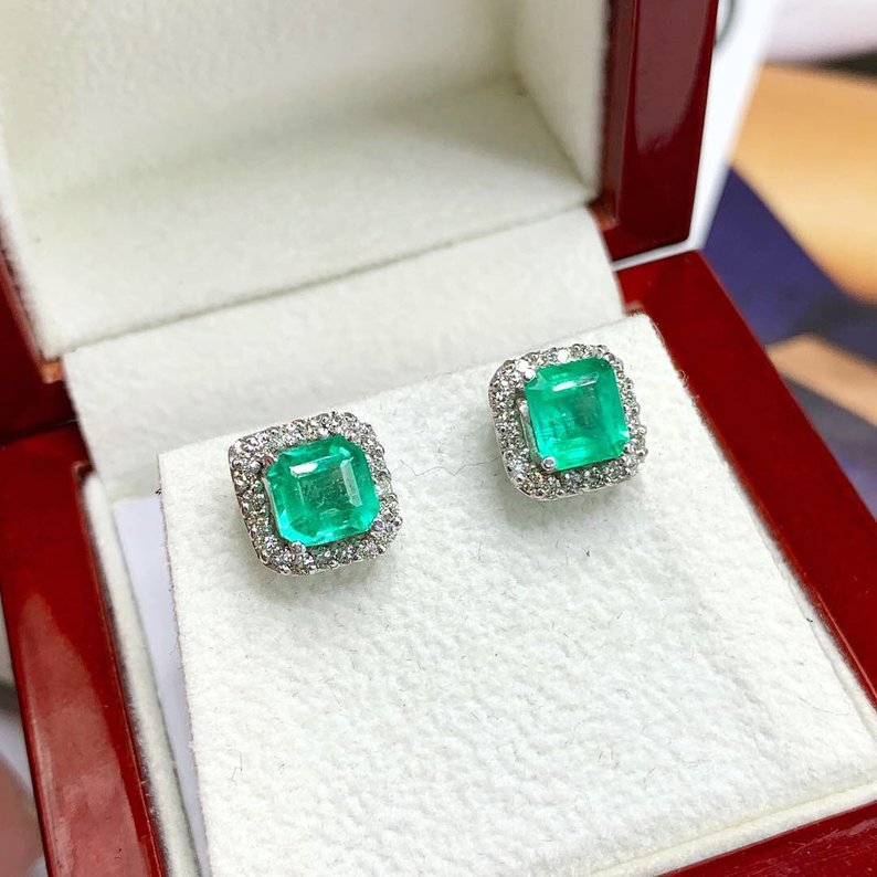 SWEET! 2.46TCW Emerald VS Diamonds in 18K solid white gold earrings studs