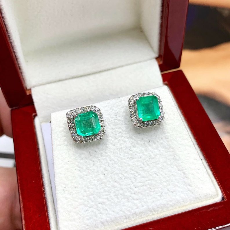 SWEET! 2.46TCW Emerald VS Diamonds in 18K solid white gold earrings studs