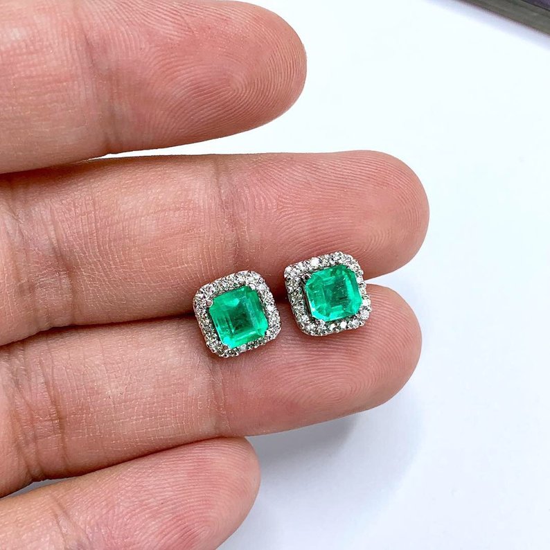 SWEET! 2.46TCW Emerald VS Diamonds in 18K solid white gold earrings studs