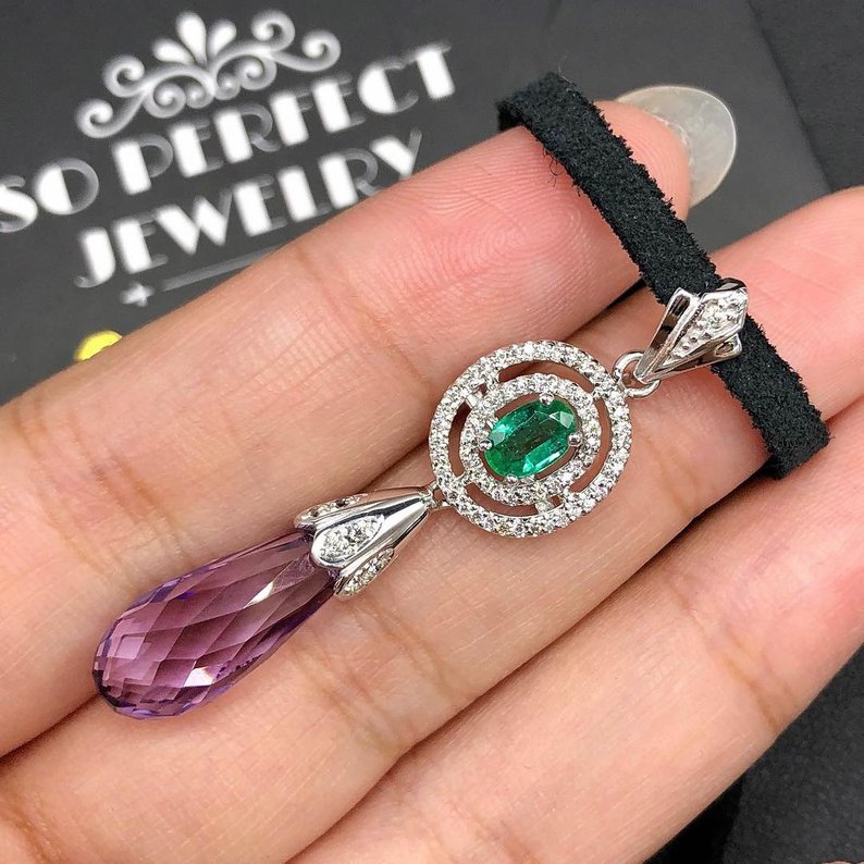 Natural 7.16TCW Emerald Amethyst Diamond 18K solid white gold