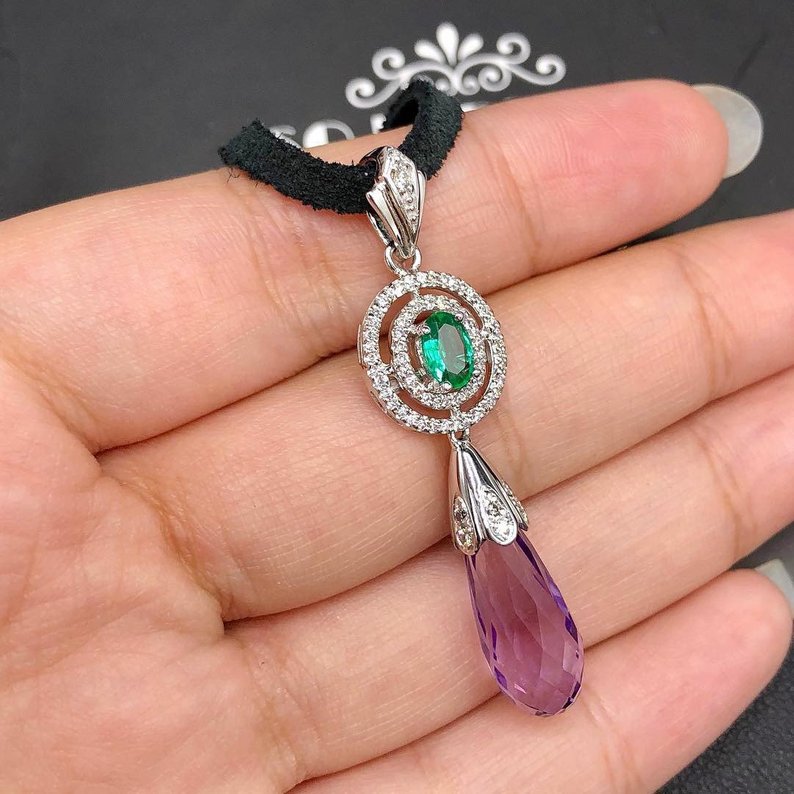 Natural 7.16TCW Emerald Amethyst Diamond 18K solid white gold