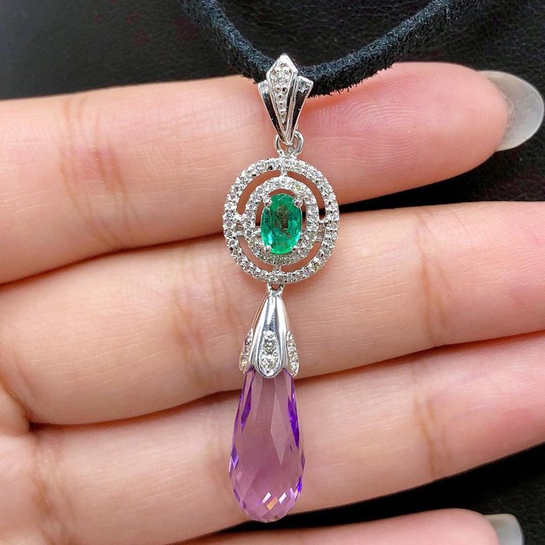 Natural 7.16TCW Emerald Amethyst Diamond 18K solid white gold