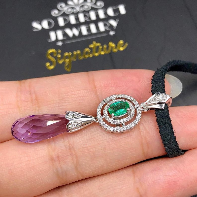 Natural 7.16TCW Emerald Amethyst Diamond 18K solid white gold