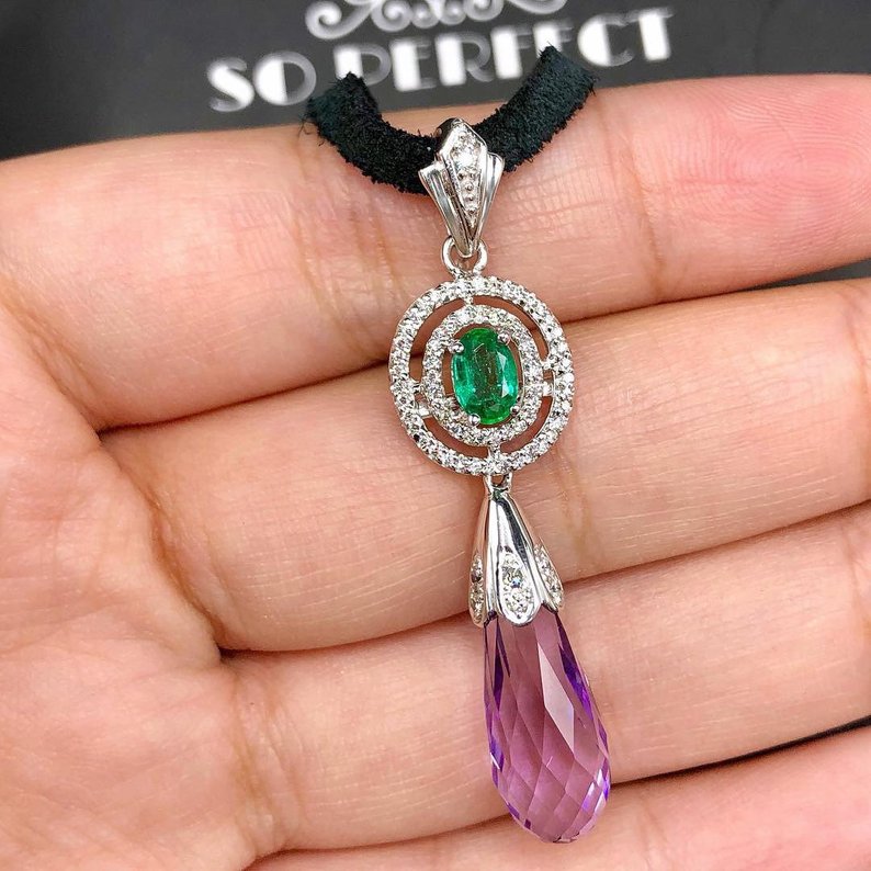 Natural 7.16TCW Emerald Amethyst Diamond 18K solid white gold