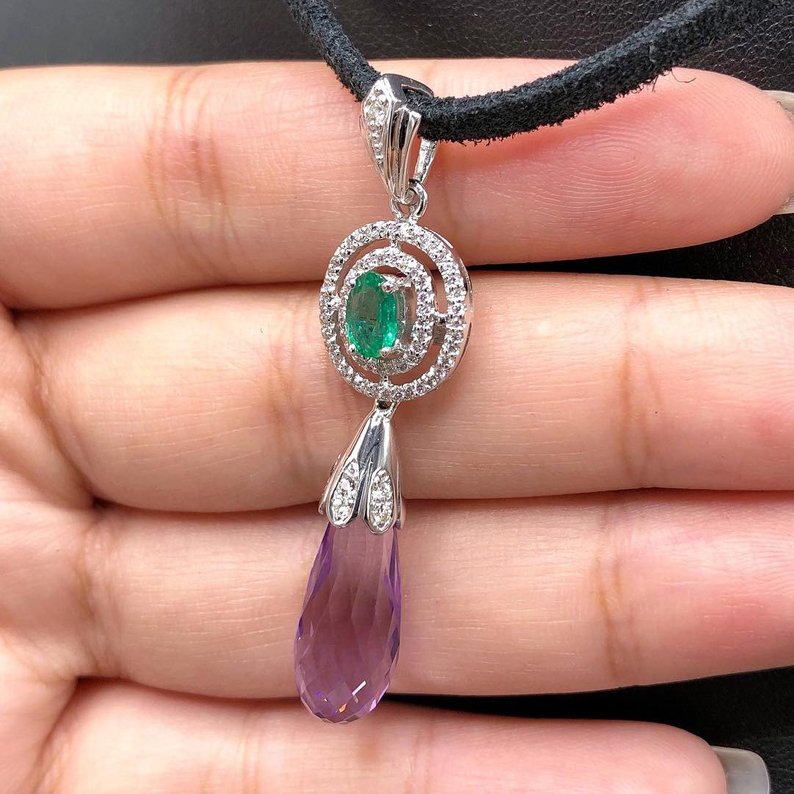 Natural 7.16TCW Emerald Amethyst Diamond 18K solid white gold