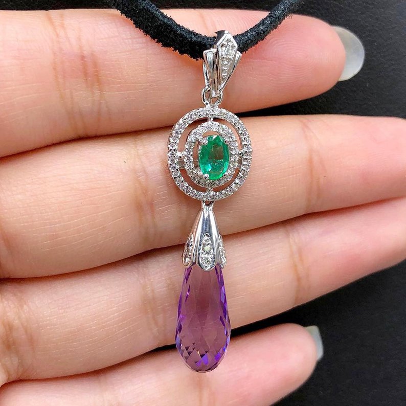 Natural 7.16TCW Emerald Amethyst Diamond 18K solid white gold