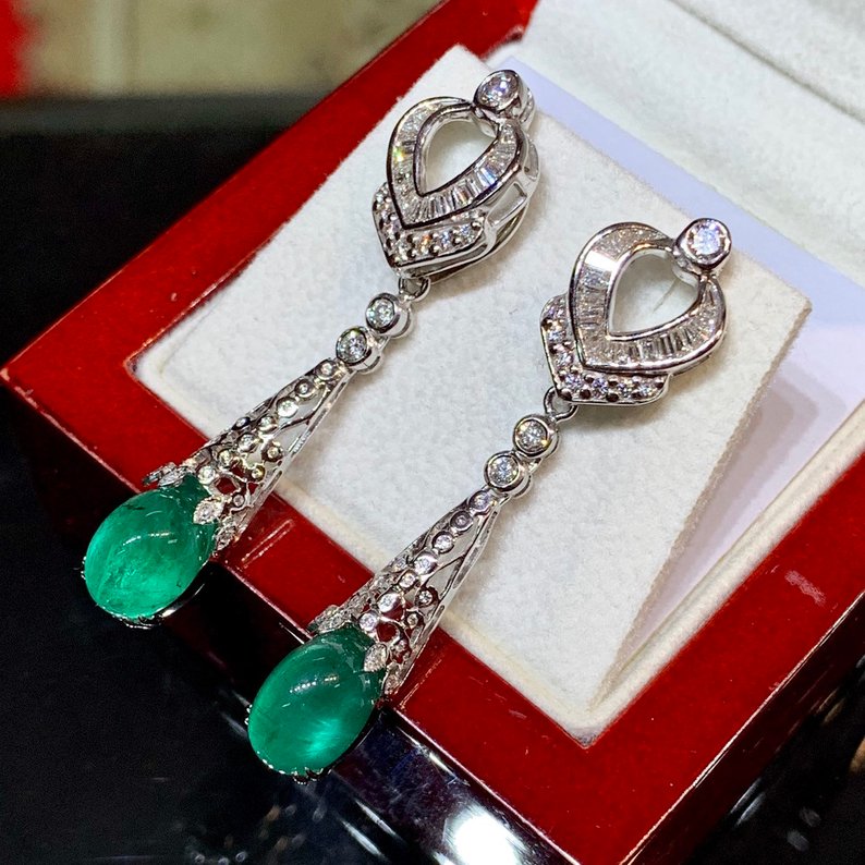 ART-DECO 7.61TCW Emerald VS Diamonds 18k solid white gold earrings