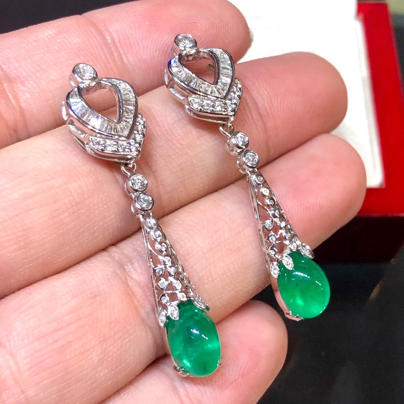 ART-DECO 7.61TCW Emerald VS Diamonds 18k solid white gold earrings