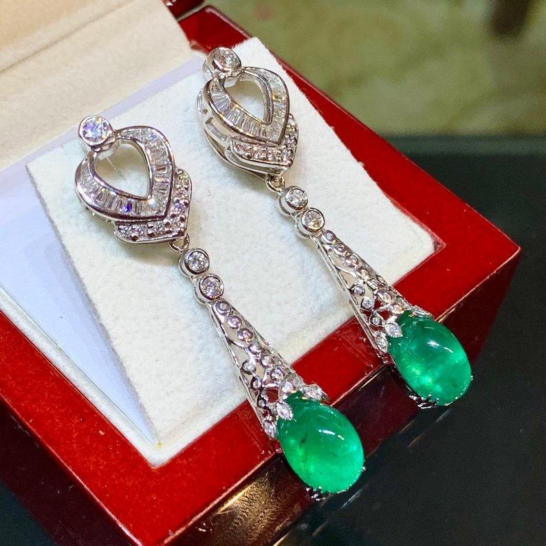 ART-DECO 7.61TCW Emerald VS Diamonds 18k solid white gold earrings