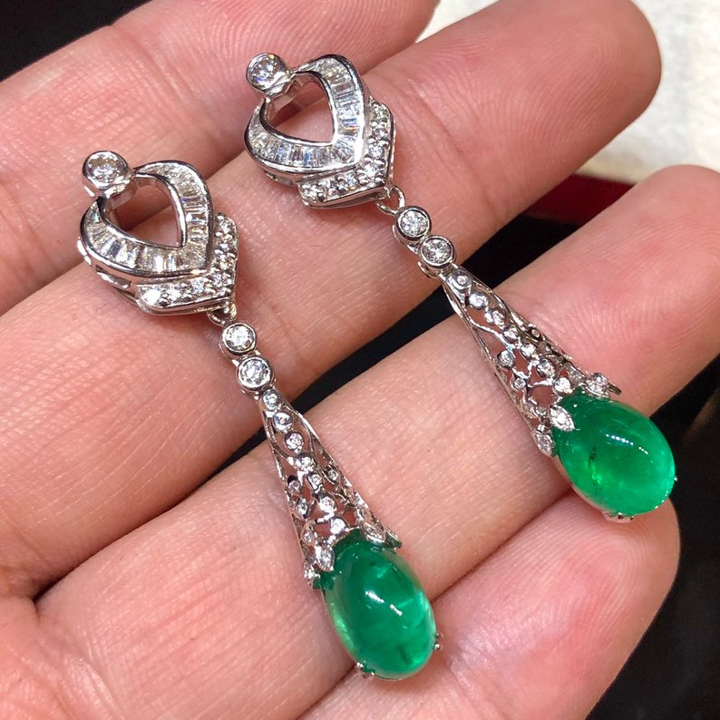 ART-DECO 7.61TCW Emerald VS Diamonds 18k solid white gold earrings