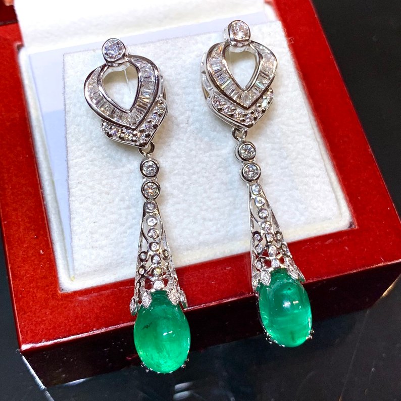 ART-DECO 7.61TCW Emerald VS Diamonds 18k solid white gold earrings