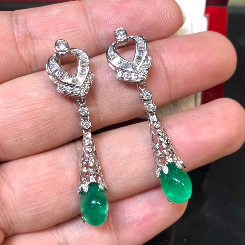 ART-DECO 7.61TCW Emerald VS Diamonds 18k solid white gold earrings