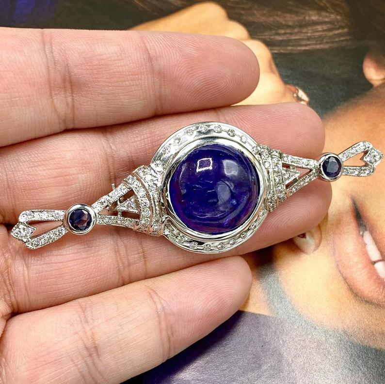 HUGE 29.22TCW TANZANITE Cabochon Natural VS Diamond 18K solid white gold Brooch necklace Art Deco brooch luxury vintage blue sapphire big