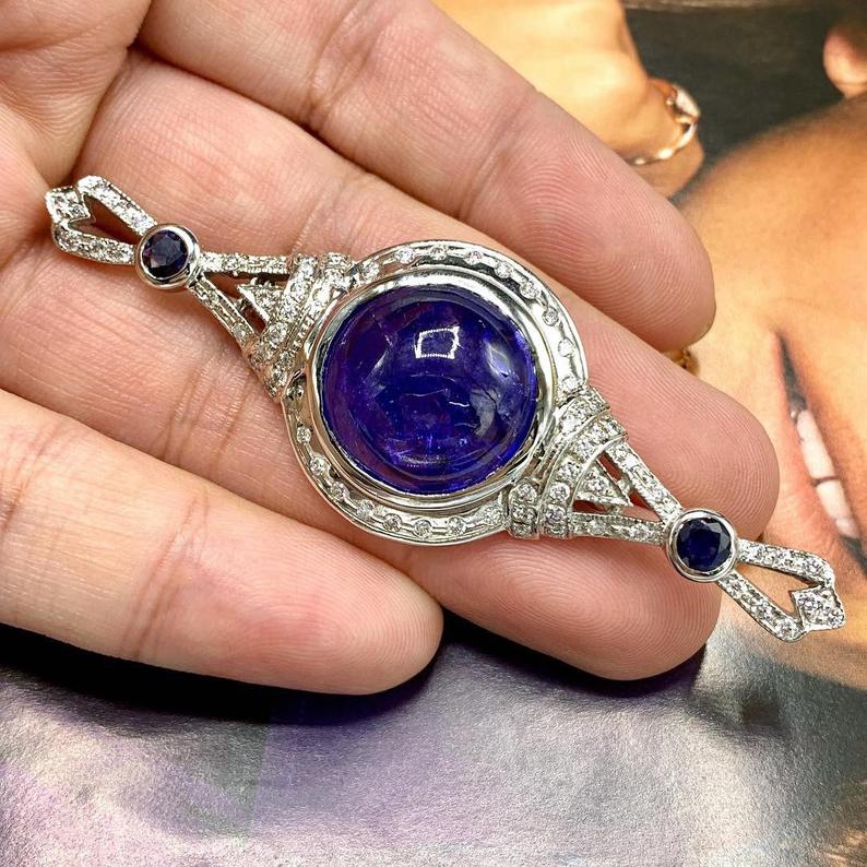 HUGE 29.22TCW TANZANITE Cabochon Natural VS Diamond 18K solid white gold Brooch necklace Art Deco brooch luxury vintage blue sapphire big