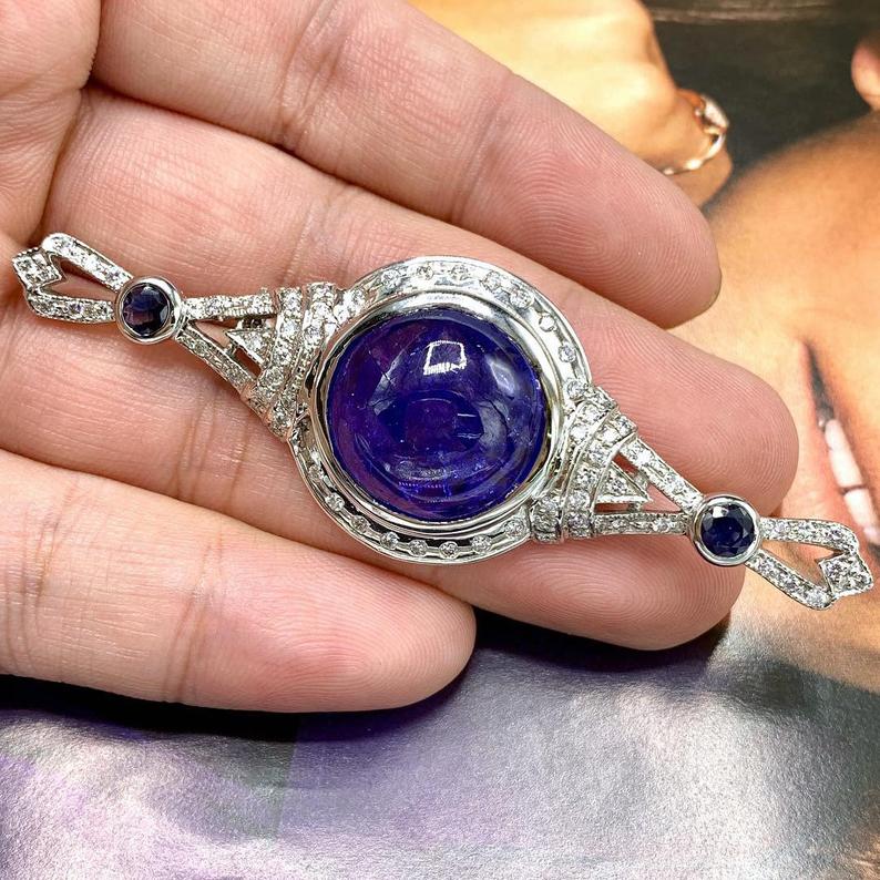 HUGE 29.22TCW TANZANITE Cabochon Natural VS Diamond 18K solid white gold Brooch necklace Art Deco brooch luxury vintage blue sapphire big