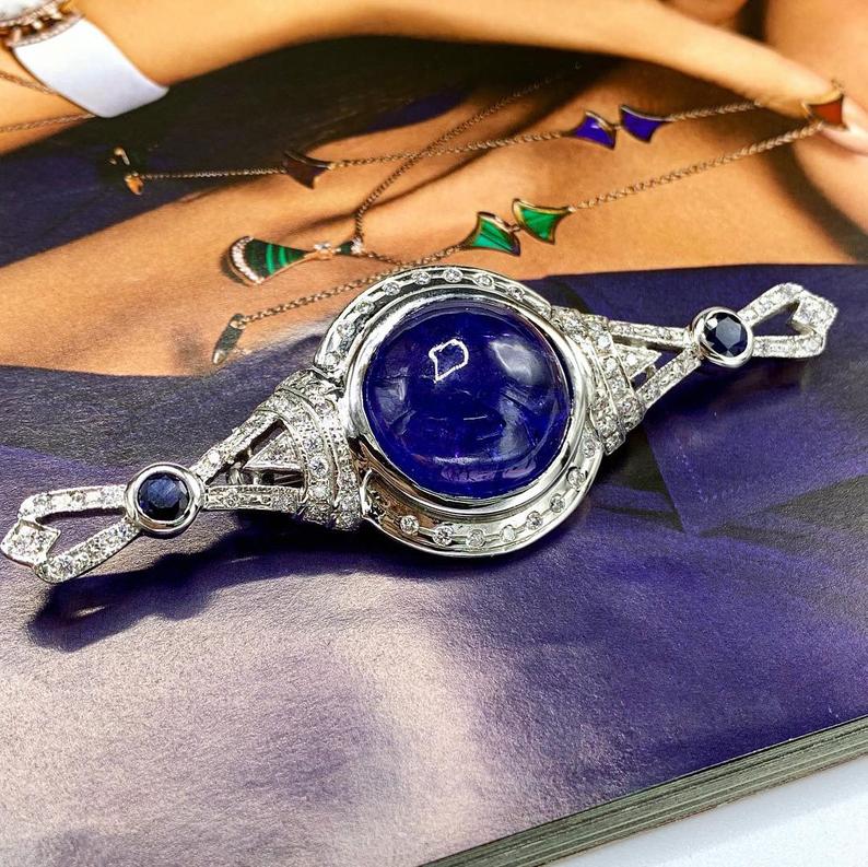 HUGE 29.22TCW TANZANITE Cabochon Natural VS Diamond 18K solid white gold Brooch necklace Art Deco brooch luxury vintage blue sapphire big