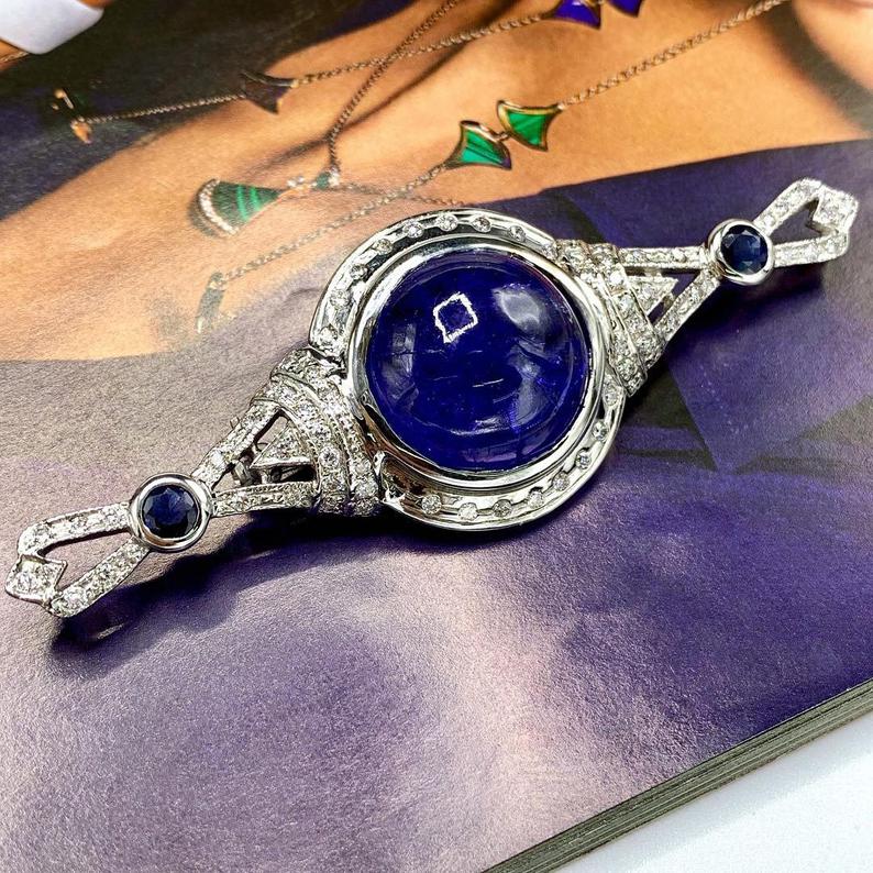 HUGE 29.22TCW TANZANITE Cabochon Natural VS Diamond 18K solid white gold Brooch necklace Art Deco brooch luxury vintage blue sapphire big