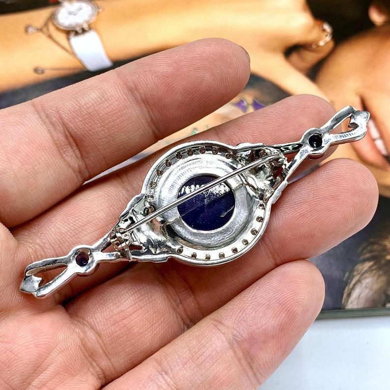 HUGE 29.22TCW TANZANITE Cabochon Natural VS Diamond 18K solid white gold Brooch necklace Art Deco brooch luxury vintage blue sapphire big