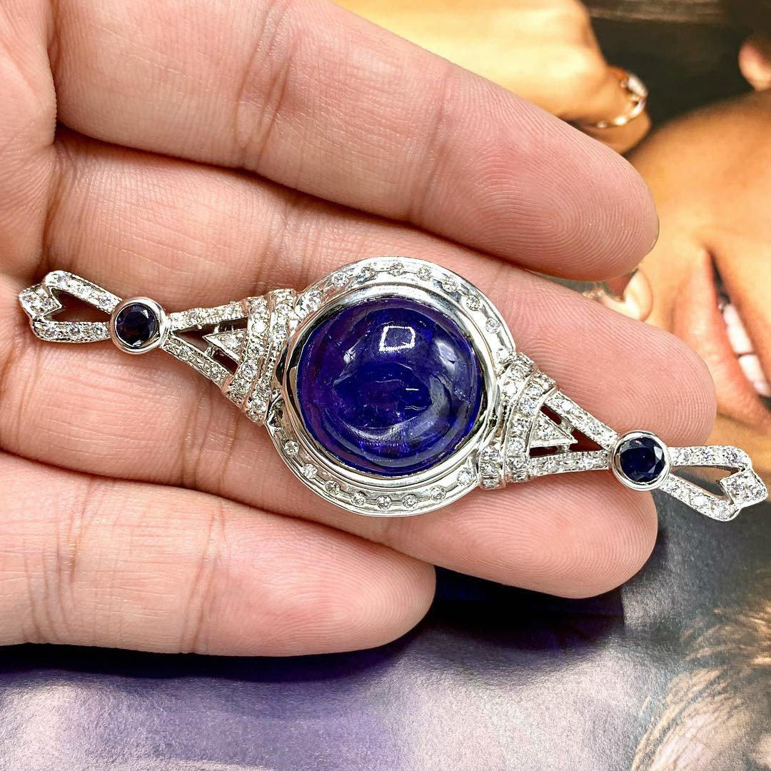 HUGE 29.22TCW TANZANITE Cabochon Natural VS Diamond 18K solid white gold Brooch necklace Art Deco brooch luxury vintage blue sapphire big