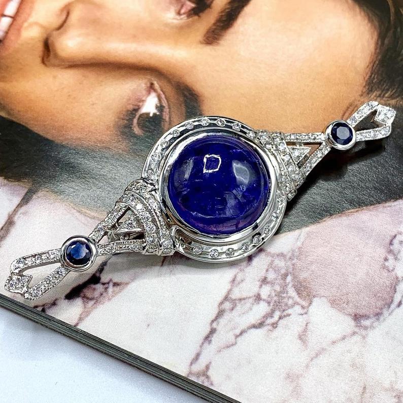 HUGE 29.22TCW TANZANITE Cabochon Natural VS Diamond 18K solid white gold Brooch necklace Art Deco brooch luxury vintage blue sapphire big