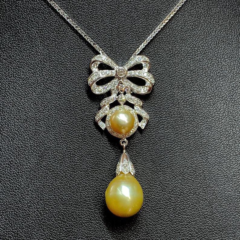 STUNNING Golden South Sea Pearl VS Diamond 18K solid white gold art deco long necklace