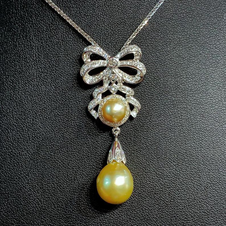 STUNNING Golden South Sea Pearl VS Diamond 18K solid white gold art deco long necklace