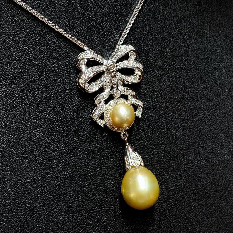 STUNNING Golden South Sea Pearl VS Diamond 18K solid white gold art deco long necklace