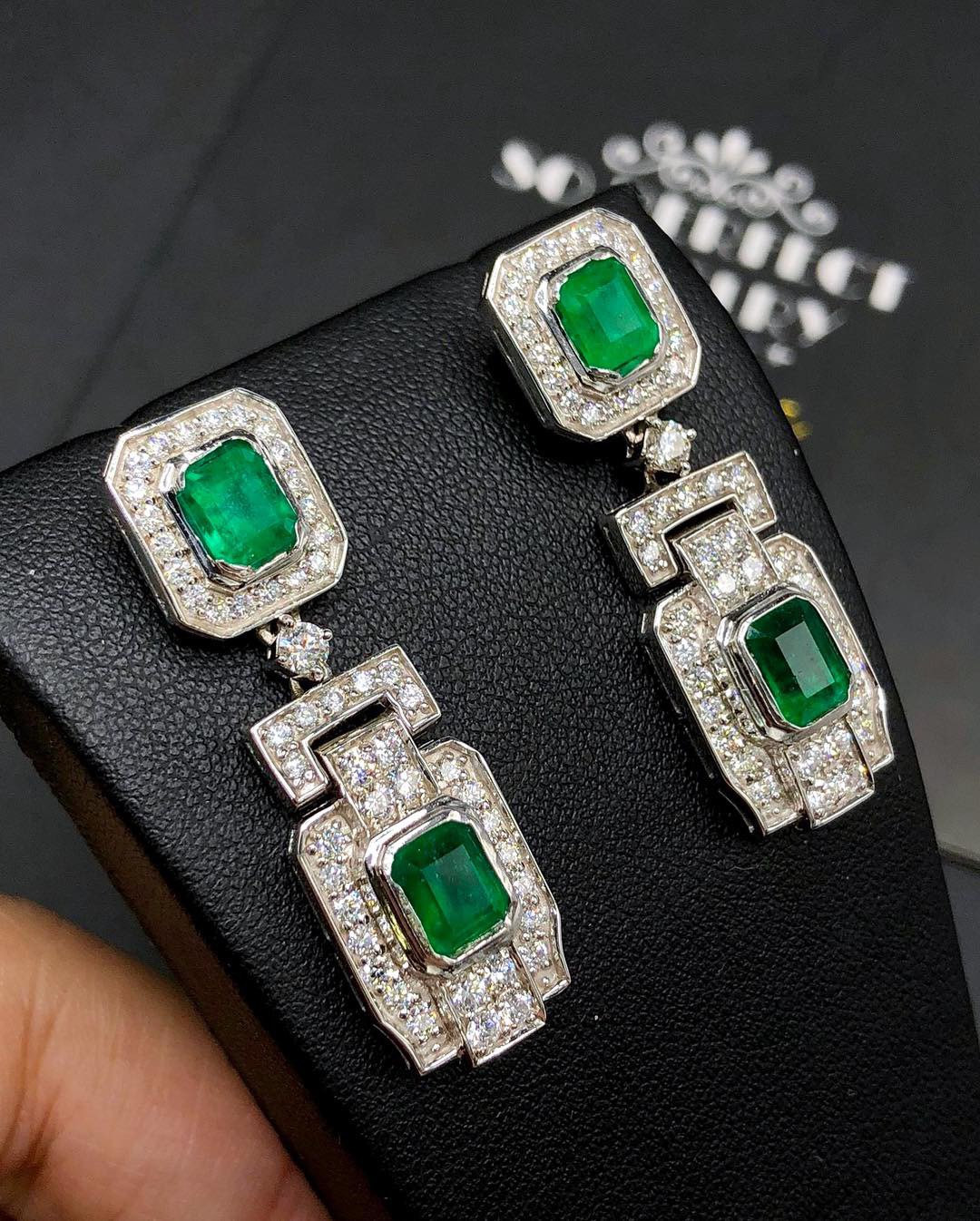 ART-DECO 6.72TCW Emerald & Diamond in 18K solid WHITE gold handmade earrings