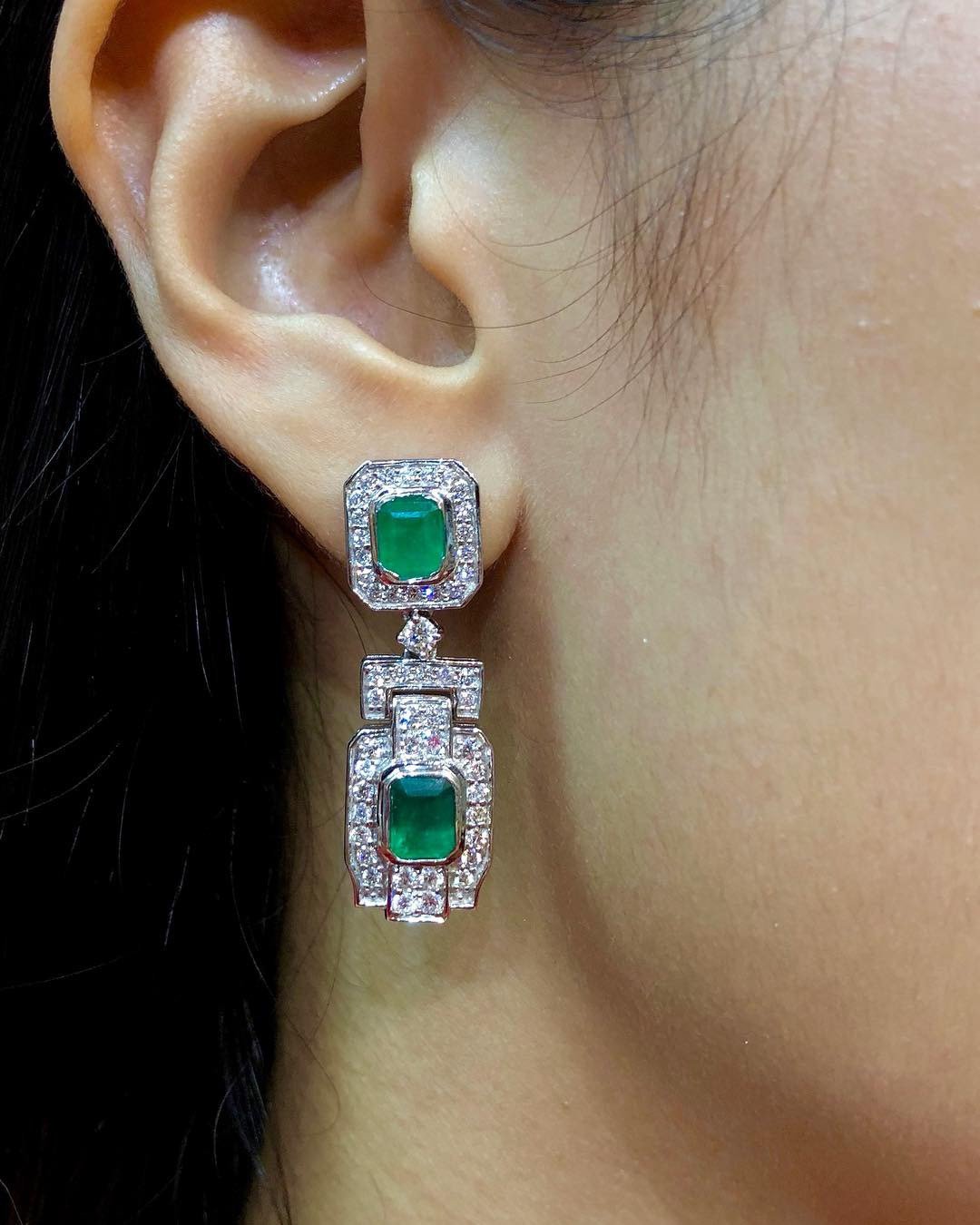 ART-DECO 6.72TCW Emerald & Diamond in 18K solid WHITE gold handmade earrings