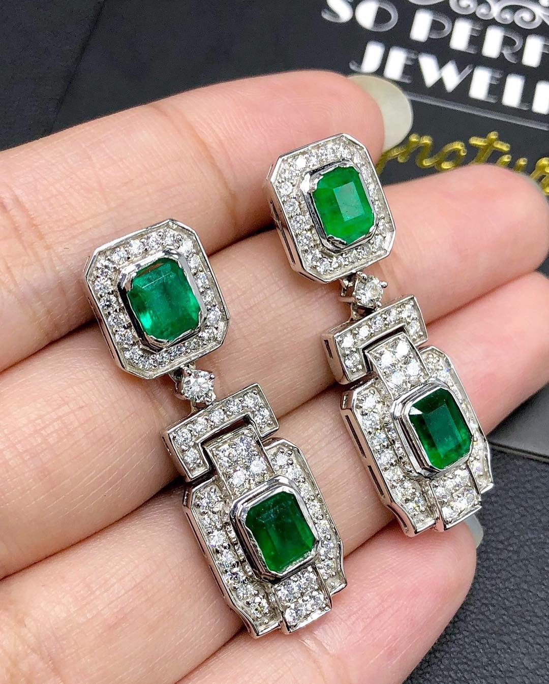 ART-DECO 6.72TCW Emerald & Diamond in 18K solid WHITE gold handmade earrings