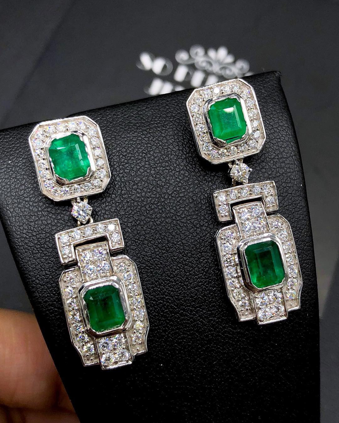 ART-DECO 6.72TCW Emerald & Diamond in 18K solid WHITE gold handmade earrings