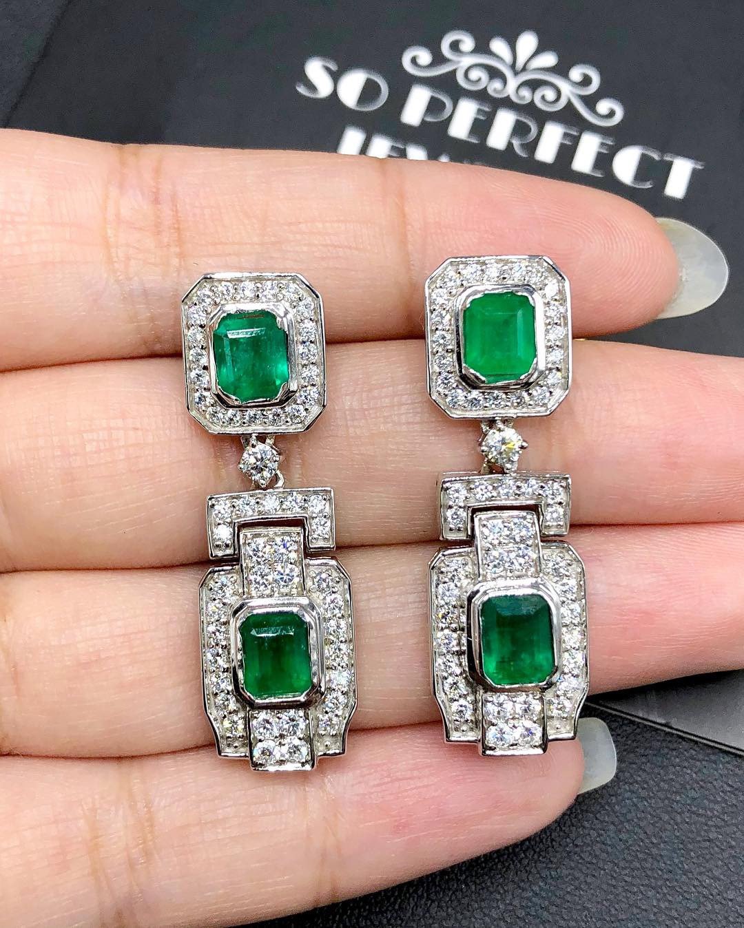 ART-DECO 6.72TCW Emerald & Diamond in 18K solid WHITE gold handmade earrings