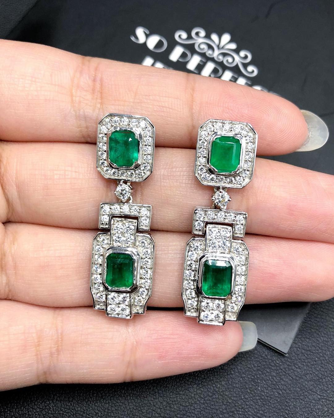 ART-DECO 6.72TCW Emerald & Diamond in 18K solid WHITE gold handmade earrings