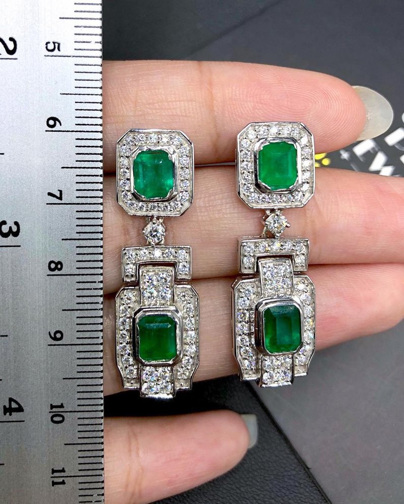 ART-DECO 6.72TCW Emerald & Diamond in 18K solid WHITE gold handmade earrings