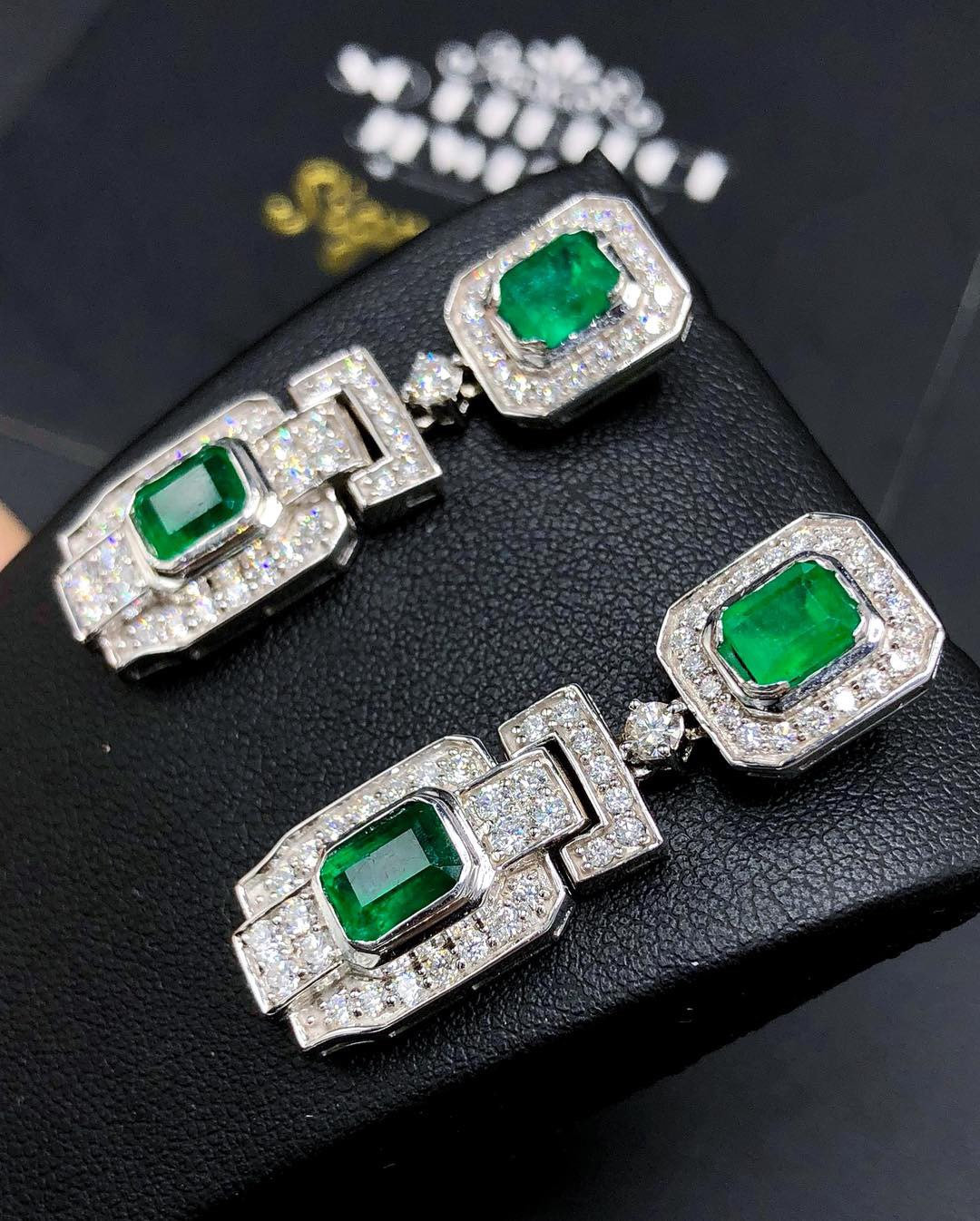 ART-DECO 6.72TCW Emerald & Diamond in 18K solid WHITE gold handmade earrings