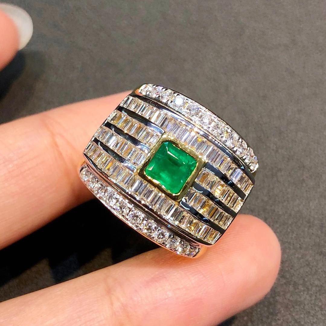 ENORMOUS 2.88CTW EMERALD & Diamonds 18K solid white gold ring