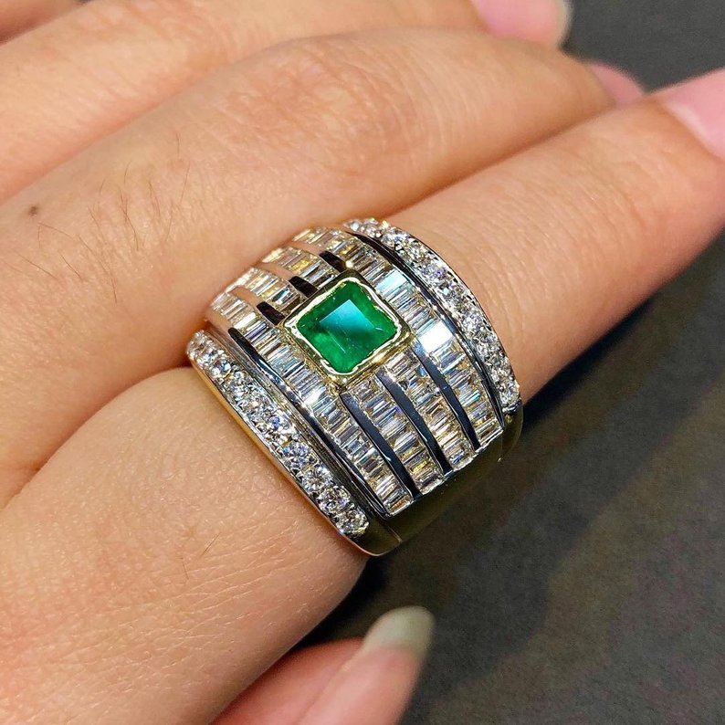 ENORMOUS 2.88CTW EMERALD & Diamonds 18K solid white gold ring