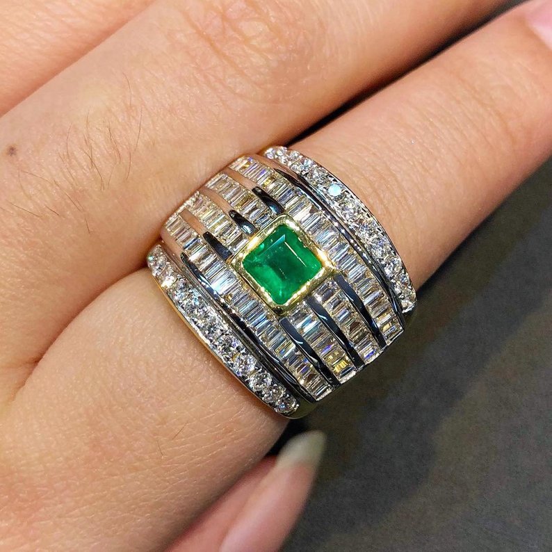 ENORMOUS 2.88CTW EMERALD & Diamonds 18K solid white gold ring