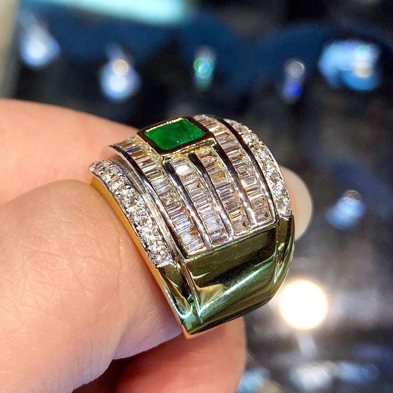 ENORMOUS 2.88CTW EMERALD & Diamonds 18K solid white gold ring