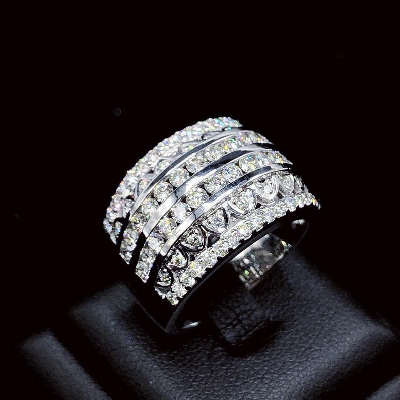 COCKTAIL! 1.88TCW NATURAL F/VS diamonds 18K solid white gold ring