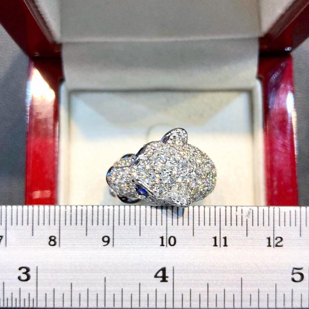 SPARKLING 2.68TCW Genuine VS Diamond 18K solid white gold ring panther cartier tiger animal blue sapphire